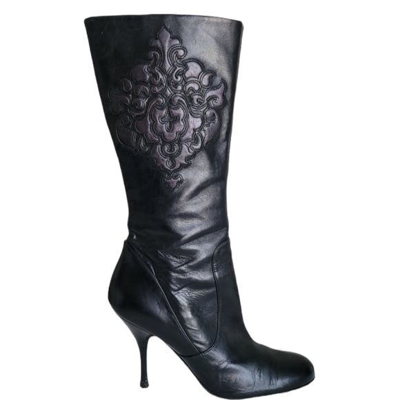 ISABELLE Fiore Black Leather Boots high heel hand tooled - Picture 1 of 15